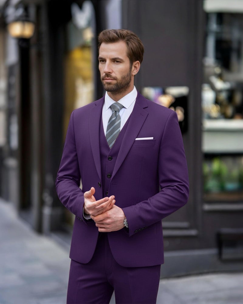 EastSide Men's Slim Fit 3 Pieces , One Button Sets Vest Pants Coat Suit, Deep Purple, XX-Large - Image 2